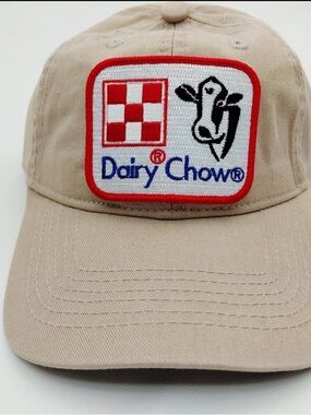 Dairy Chow Embroidered Patch Relaxed Cotton Strapback Cap Hat Beige